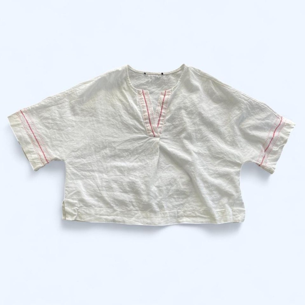 White relaxed linen blend cropped blouse pink embroidered size S Marc New York